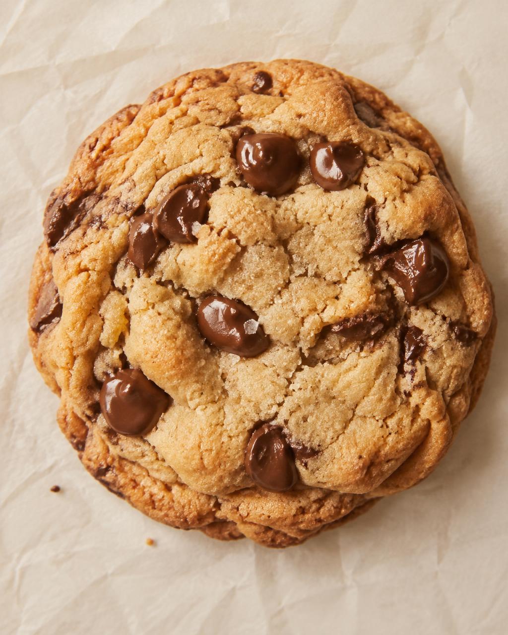 A golden chocolate chip cookie fresh from the oven